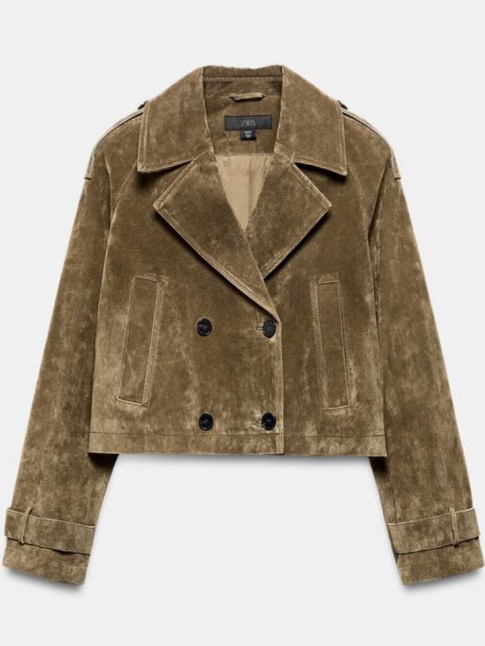 Zara Women’s Cropped Double Breasted 100% Leather Trench Coat, Dark Khaki, SMALL - Picture 2 of 16